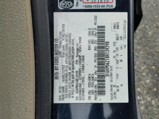 3FAHP06Z18R139298 - 2008 FORD FUSION S BLACK photo 10