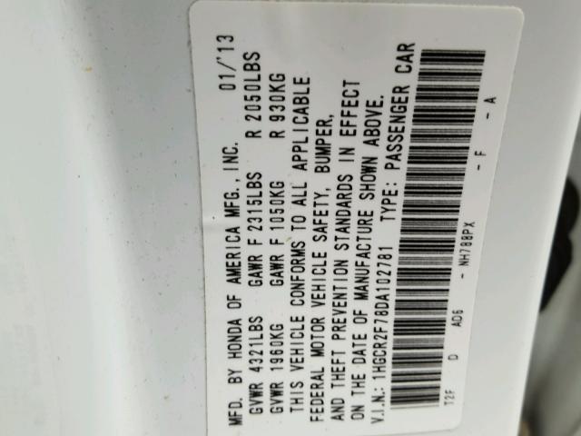 1HGCR2F78DA102781 - 2013 HONDA ACCORD EX WHITE photo 10