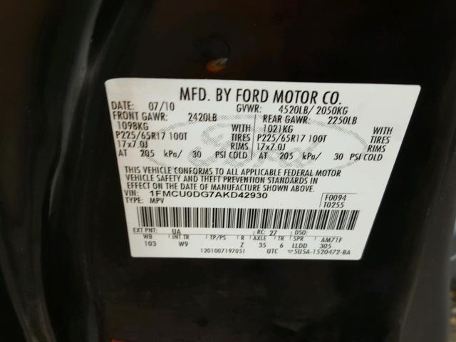 1FMCU0DG7AKD42930 - 2010 FORD ESCAPE BLACK photo 10