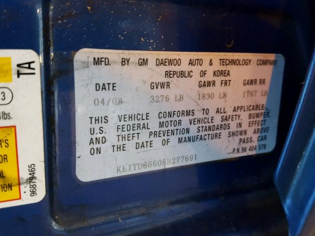 KL1TD66608B277691 - 2008 CHEVROLET AVEO BASE Niebieski zdjęcie 10