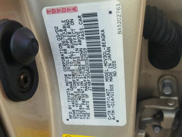 JTHBF30G420052559 - 2002 LEXUS ES300 GOLD photo 10