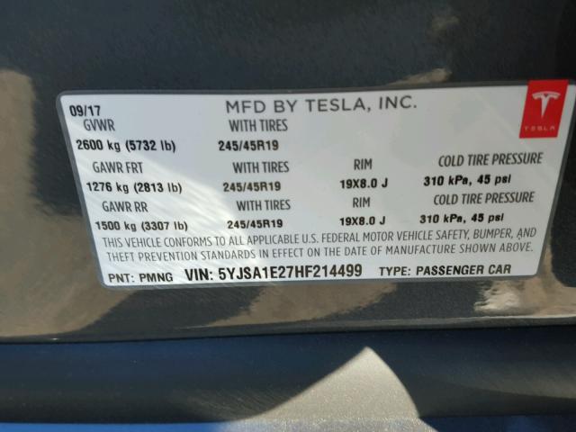 5YJSA1E27HF214499 - 2017 TESLA MODEL S GRAY photo 10