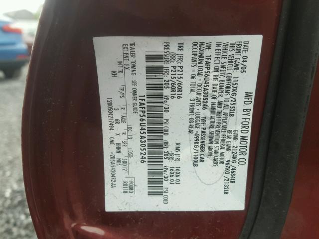 1FAFP56U45A305246 - 2005 FORD TAURUS SEL BURGUNDY photo 10