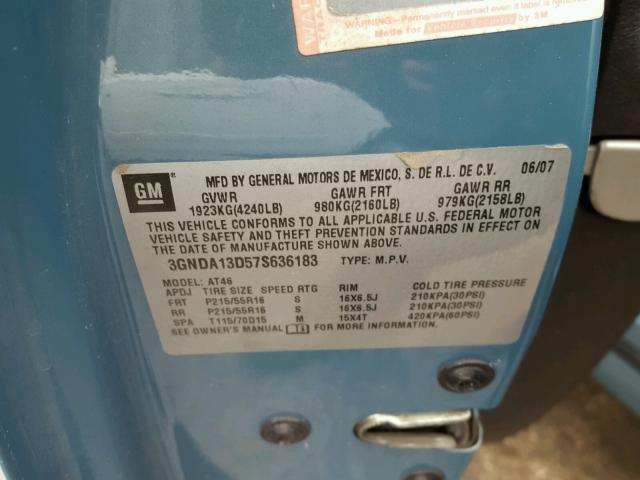 3GNDA13D57S636183 - 2007 CHEVROLET HHR LS TEAL photo 10