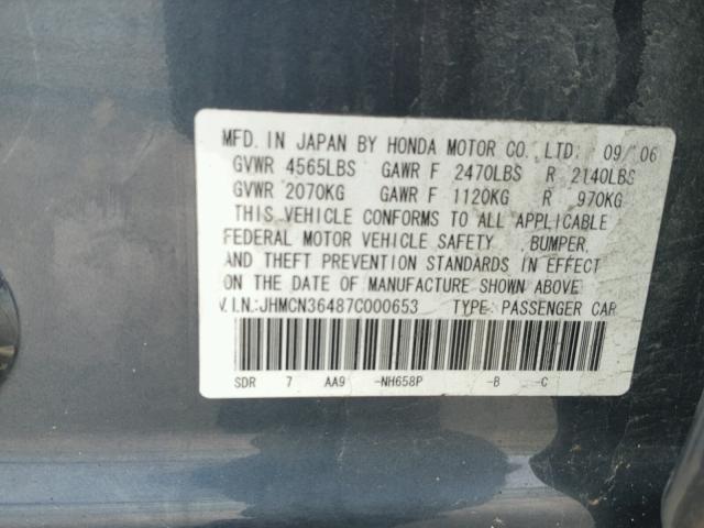 JHMCN36487C000653 - 2007 HONDA ACCORD GRAY photo 10