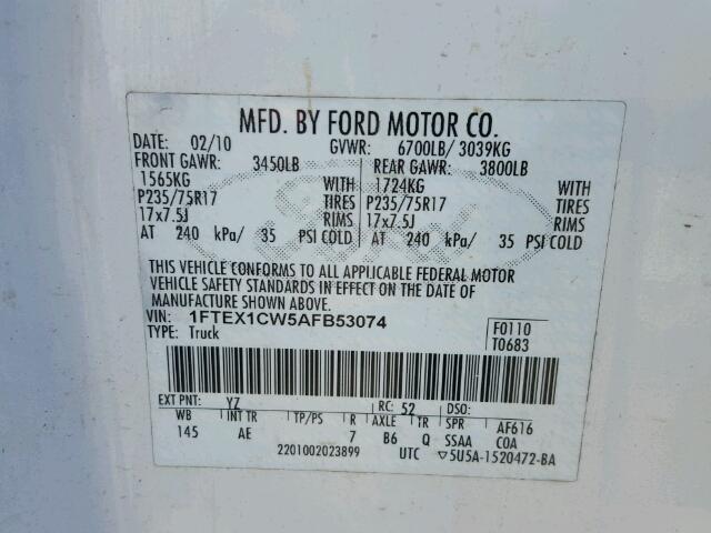 1FTEX1CW5AFB53074 - 2010 FORD F150 SUPER WHITE photo 10