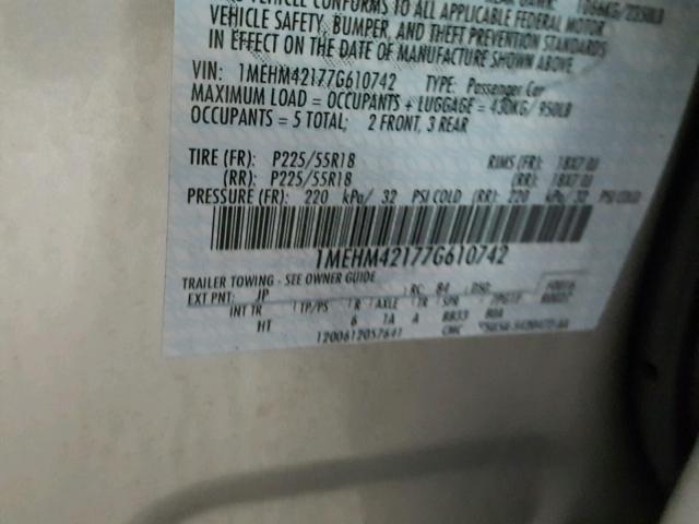 1MEHM42177G610742 - 2007 MERCURY MONTEGO PR 银色 照片 10