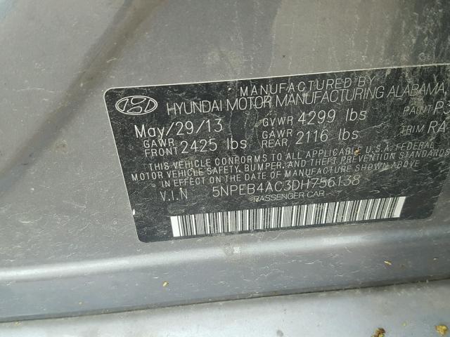 5NPEB4AC3DH756138 - 2013 HYUNDAI SONATA GLS GRAY photo 10