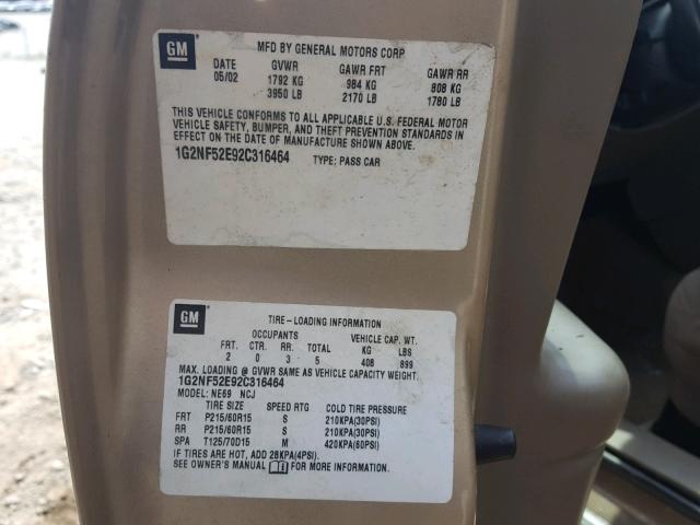 1G2NF52E92C316464 - 2002 PONTIAC GRAND AM S GOLD photo 10