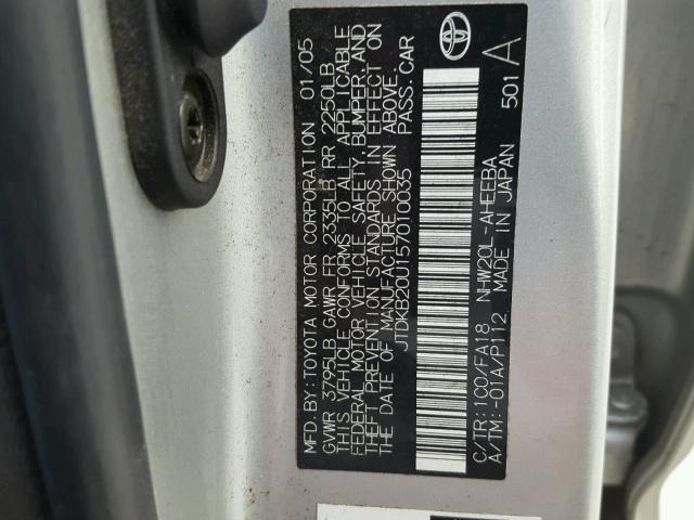 JTDKB20U157010035 - 2005 TOYOTA PRIUS SILVER photo 10