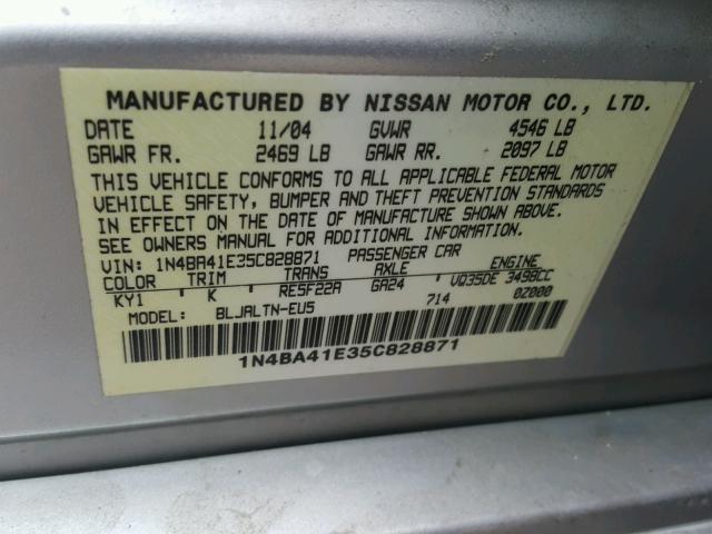 1N4BA41E35C828871 - 2005 NISSAN MAXIMA SE SILVER photo 10