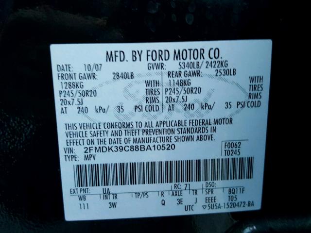 2FMDK39C88BA10520 - 2008 FORD EDGE LIMIT BLACK photo 10