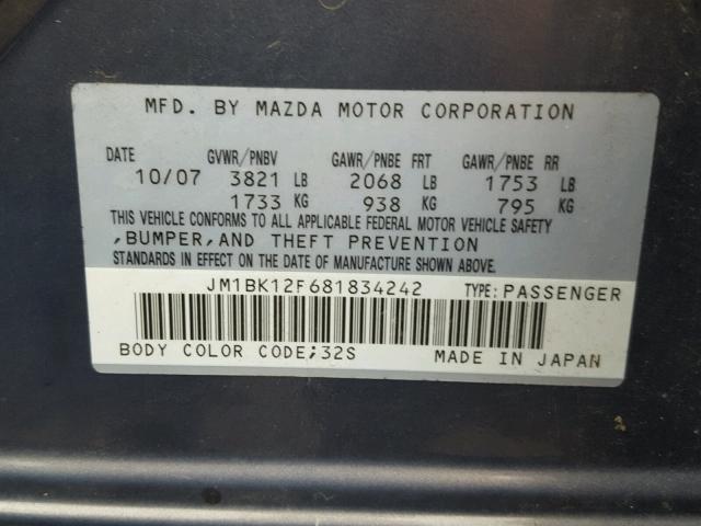 JM1BK12F681834242 - 2008 MAZDA 3 GRAY photo 10