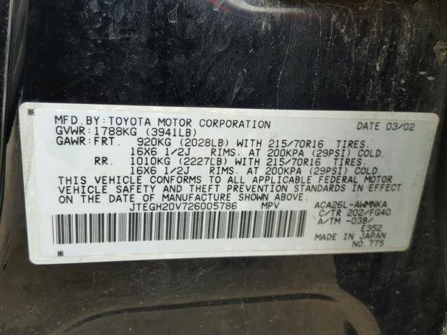 JTEGH20V726005786 - 2002 TOYOTA RAV4 BLACK photo 10