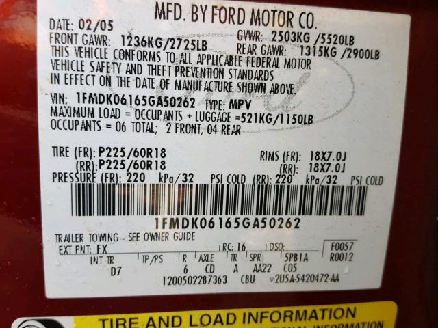 1FMDK06165GA50262 - 2005 FORD FREESTYLE RED photo 10