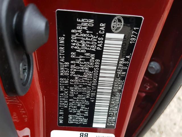 4T1BZ1FB6KU005899 - 2019 TOYOTA AVALON XLE RED photo 10