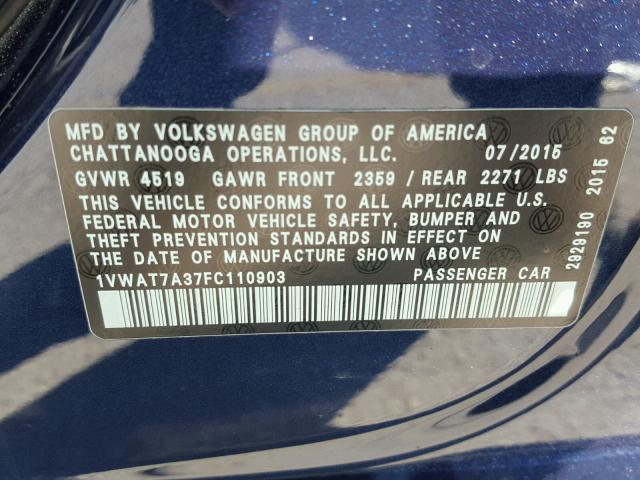 1VWAT7A37FC110903 - 2015 VOLKSWAGEN PASSAT S ლურჯი ფოტო 10