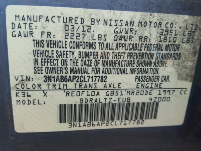 3N1AB6AP2CL717782 - 2012 NISSAN SENTRA 2.0 GRAY photo 10