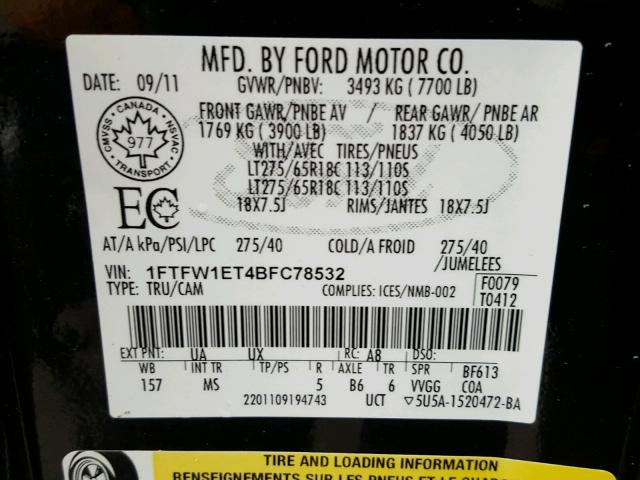 1FTFW1ET4BFC78532 - 2011 FORD F150 BLACK photo 10