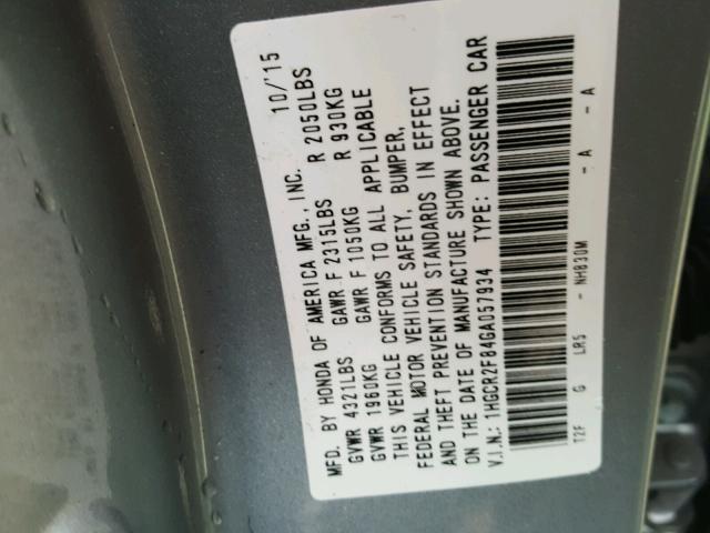 1HGCR2F84GA057934 - 2016 HONDA ACCORD EXL SILVER photo 10