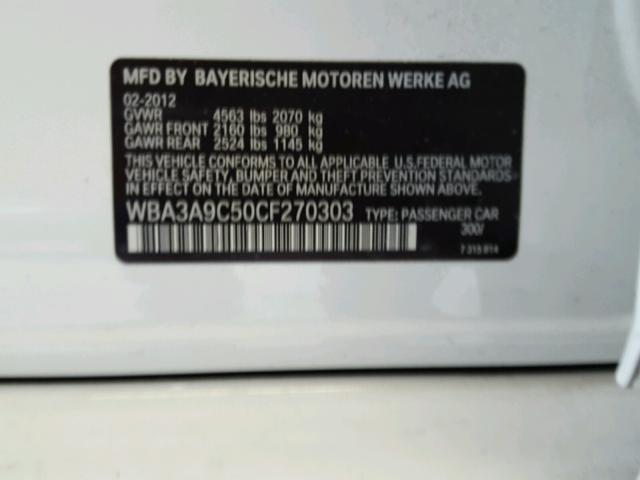 WBA3A9C50CF270303 - 2012 BMW 335 WHITE photo 10