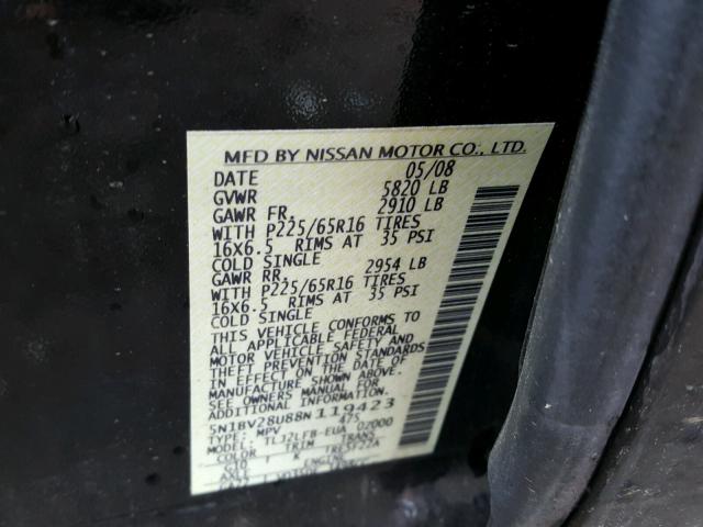 5N1BV28U88N119423 - 2008 NISSAN QUEST S BLACK photo 10