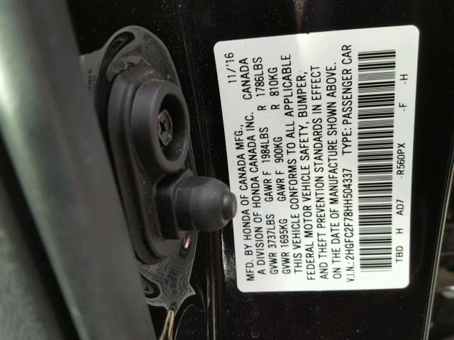 2HGFC2F78HH504337 - 2017 HONDA CIVIC EX შავი ფოტო 10