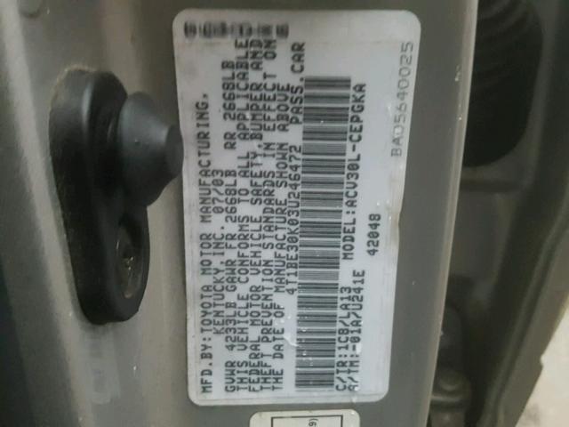 4T1BE30K03U246472 - 2003 TOYOTA CAMRY LE SILVER photo 10