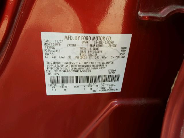 2FMDK48CX8BA30999 - 2008 FORD EDGE SEL RED photo 10