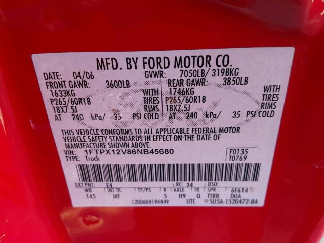 1FTPX12V86NB45680 - 2006 FORD F150 RED photo 10