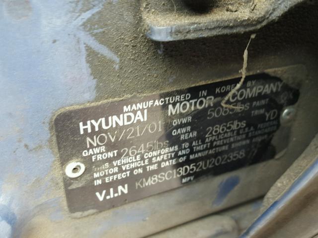 KM8SC13D52U202358 - 2002 HYUNDAI SANTA FE G BLUE photo 10