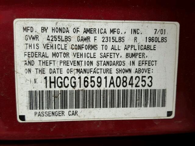 1HGCG16591A084253 - 2001 HONDA ACCORD BURGUNDY photo 10