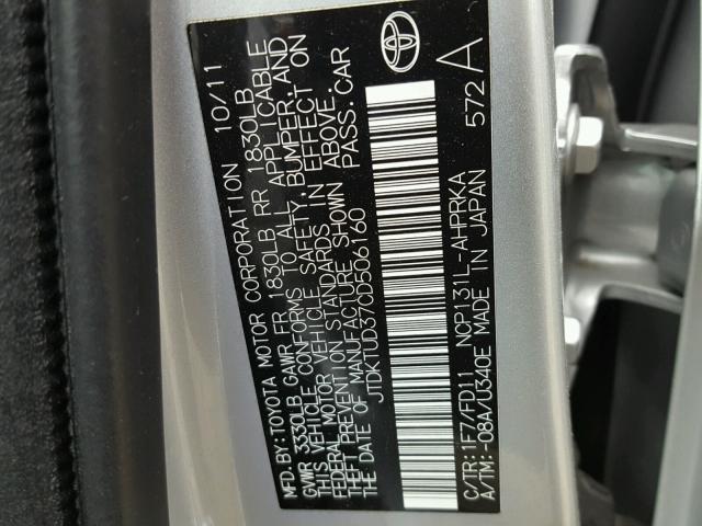 JTDKTUD37CD506160 - 2012 TOYOTA YARIS SILVER photo 10