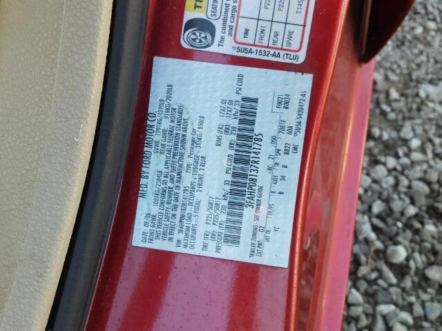 3FAHP08137R141785 - 2007 FORD FUSION RED photo 10