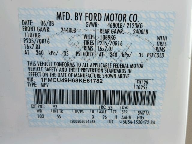 1FMCU49H68KE61782 - 2008 FORD ESCAPE HEV WHITE photo 10