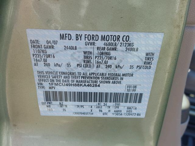 1FMCU49H88KA46284 - 2008 FORD ESCAPE GREEN photo 10