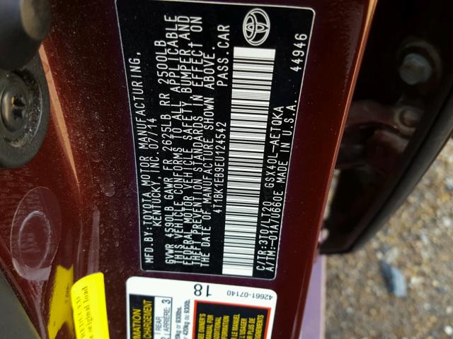 4T1BK1EB9EU124542 - 2014 TOYOTA AVALON BAS Bordeaux photo 10