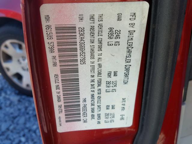 2B3KA43G66H527925 - 2006 DODGE CHARGER SE RED photo 10