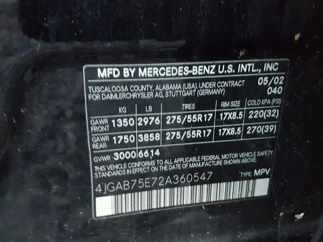 4JGAB75E72A360547 - 2002 MERCEDES-BENZ ML 500 BLACK photo 10