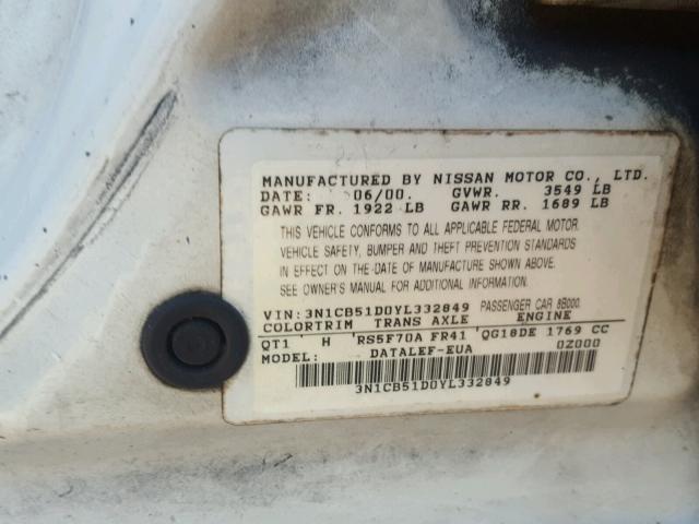 3N1CB51D0YL332849 - 2000 NISSAN SENTRA BAS WHITE photo 10