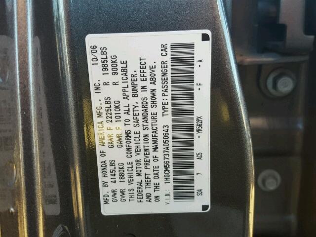 1HGCM56737A050643 - 2007 HONDA ACCORD GRAY photo 10