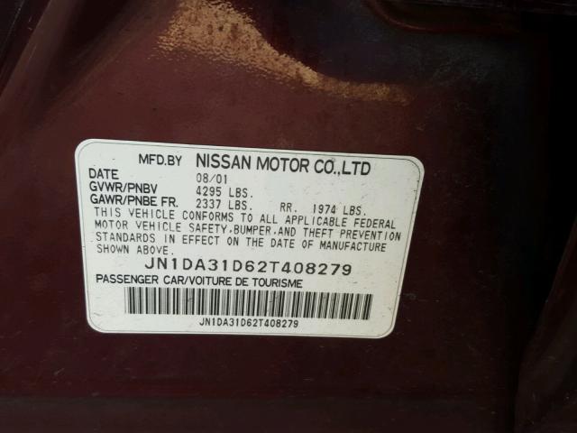 JN1DA31D62T408279 - 2002 NISSAN MAXIMA GLE BURGUNDY photo 10