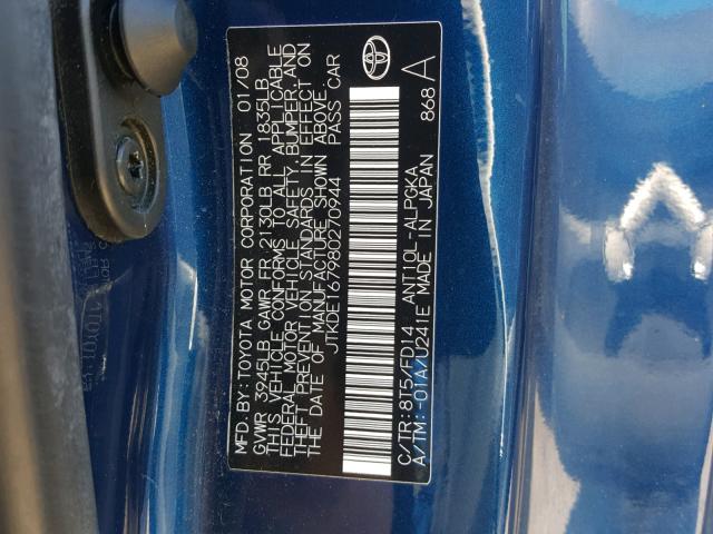 JTKDE167980270944 - 2008 TOYOTA SCION TC 蓝色 照片 10