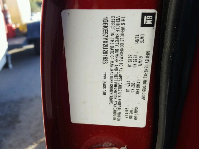 1G6KE57YX2U201633 - 2002 CADILLAC DEVILLE DH RED photo 10