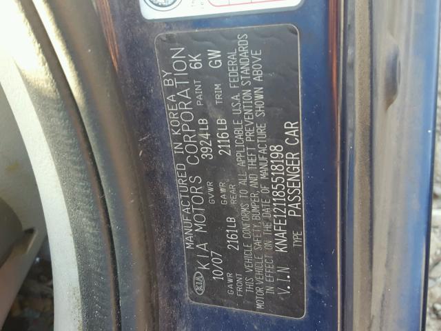 KNAFE121185518198 - 2008 KIA SPECTRA EX BLUE photo 10