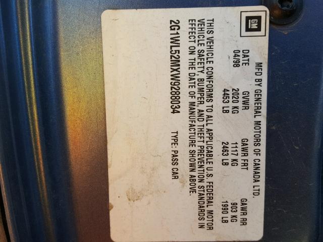2G1WL52MXW9288034 - 1998 CHEVROLET LUMINA BAS BLUE photo 10