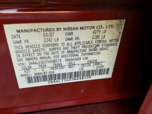 1N4AL21E07N448579 - 2007 NISSAN ALTIMA 2.5 RED photo 10