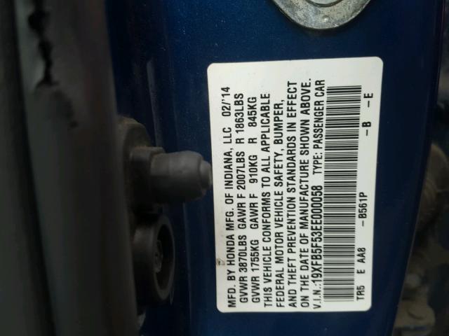 19XFB5F53EE000058 - 2014 HONDA CIVIC BLUE photo 10