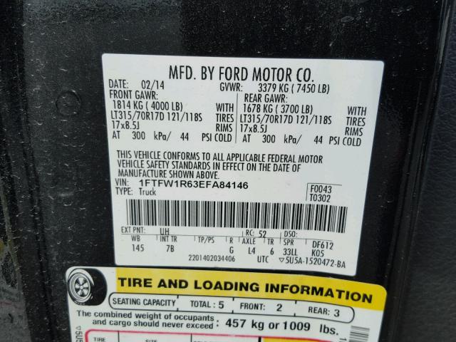 1FTFW1R63EFA84146 - 2014 FORD F150 BLACK photo 10