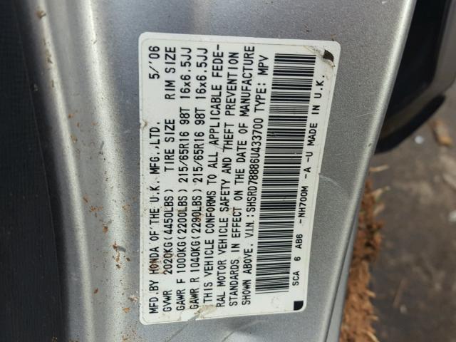 SHSRD78886U433700 - 2006 HONDA CR-V EX SILVER photo 10